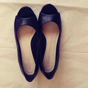 Cole haan black open toe wedges slip on women low heel.
